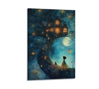YMXHJJ Stampa artistica da parete su tela con stampa artistica da parete con scena notturna surrealista, poster con magica casa sull'albero e ragazza, 60 x 90 cm