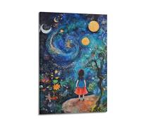 YMXHJJ Stampa artistica da parete su tela, motivo: famiglia surrealista, notte stellata, poster per bambini con ragazza che guarda il cosmo, 50 x 75 cm