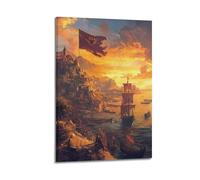 YMXHJJ Stampa artistica da parete su tela, motivo: paesaggio fantasioso, poster con castello medievale e veliero al tramonto, 30 x 45 cm