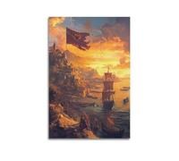 YMXHJJ Stampa artistica da parete su tela, motivo: paesaggio fantasioso, poster con castello medievale e veliero al tramonto, 50 x 75 cm