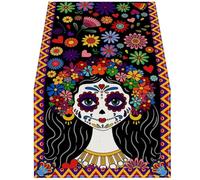 Ymxygz Runner Tavolo in Lino per Il Giorno dei Morti, Runner Tavolo con Teschi di Calendula per Il Día De Los Muertos, Decorazioni Stagionali per Le Feste di Halloween E della Festa Messicana con