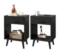 YMYNY Set di 2 Comodini, Tavolini da Notte, Tavolini Salotto, Cassetto in Tessuto, Ripiano aperto, Gambe in legno massello, Stile Industriale Rétro, per Camera da Letto, Soggiorno, Nero HST020B-2