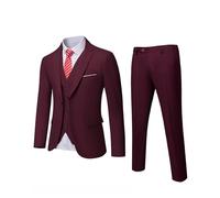 YND Completo da uomo slim fit, 3 pezzi, giacca a tinta unita con un bottone, gilet, pantaloni, con cravatta, Borgogna, XS