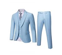 YND Completo da uomo slim fit, 3 pezzi, giacca a tinta unita con un bottone, gilet, pantaloni, con cravatta, Cielo, M