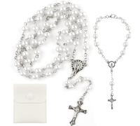 YnewL 2 pezzi rosario cattolico, rosario bracciali e collane con ciondolo a forma di rosario con perle artificiali, collana con sacchetto regalo in velluto, battesimo, comunione, matrimonio/festa
