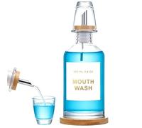 YNNHUDEEP Dispenser per collutto, 350 ml, dispenser di bicchieri con vassoio in bambù, imbuto in acciaio inox, adesivi, bicchiere in vetro, per bagno, manuale, antigoccia, vetro al calcio,