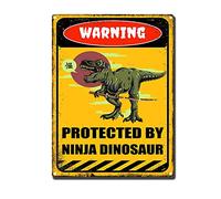 YNRBGDFR Cartello di avvertimento in metallo retrò cartelli decorativi divertenti vintage per la casa o per esterni - Protected by Ninja Dinosaur 30,5 x 40,6 cm
