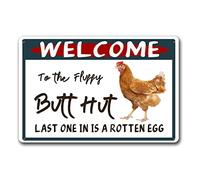YNRBGDFR Targa in metallo con divertente gallina con scritta "Hut Last One in is A Rotten Egg", decorazione da parete per fattoria, casa, 30,5 x 40,6 cm