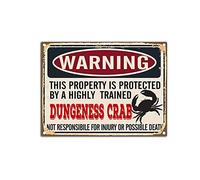 YNRBGDFR Targa in metallo vintage con granchio Dungeness, divertente cartello da parete con avviso in lingua inglese "Warning This Property is Protected by Dungeness Crab", targa in latta retrò da