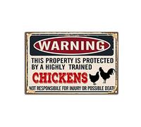 YNRBGDFR Targa in metallo vintage con polli, divertente cartello da parete con scritta in lingua inglese "Warning This Property is Protected by Chickens", targa in latta retrò da parete, 30,5 x 20,3