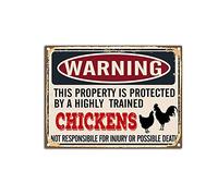 YNRBGDFR Targa in metallo vintage con polli, divertente cartello da parete con scritta in lingua inglese "Warning This Property is Protected by Chickens", targa in latta retrò da parete, 30,5 x 40,6