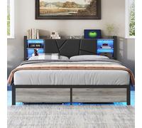 YNYHTER Letto matrimoniale 140 x 200 cm con LED, letto matrimoniale con cassetti, USB e luce LED, telaio letto in metallo con stazione di ricarica e testiera in pelle sintetica, imbottito senza