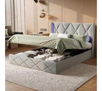 YNYHTER Letto matrimoniale 140 x 200 cm con LED, letto matrimoniale con stoccaggio, letti imbottiti con letti a LED, letti imbottiti con doghe, letti matrimoniali con testiera letto imbottita