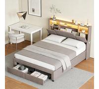 YNYHTER Letto matrimoniale 140 x 200 con LED, letto imbottito con cassetti e porta di ricarica USB letto con archiviazione 140 x 200 cm, tessuto di lino, letti matrimoniali con USB, senza materasso