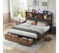 YNYHTER Letto matrimoniale 160 x 200 con LED, letto matrimoniale con cassetti, letto con USB e luce LED Telaio per letto in metallo con stazione di ricarica e testiera in legno PU rivestito, senza