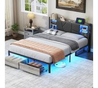 YNYHTER Letto Matrimoniale 160x200 con LED, Letto Matrimoniale con Cassetti, Letto con USB e Luce LED, Struttura in Metallo con Stazione di Ricarica e Testiera in Legno PU Imbottito, Senza Materasso