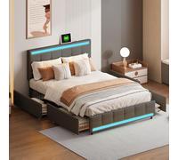 YNYHTER Letto matrimoniale con stoccaggio e LED, letto imbottito 140 x 200 con luci LED e USB letto con USB e luce LED Letto 140 x 200 con 4 cassetti, senza materasso (B grigio, 140 x 200 cm)