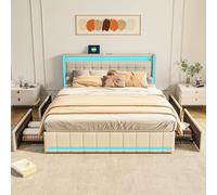 YNYHTER Letto matrimoniale con stoccaggio e LED, letto imbottito 140 x 200 con luci LED e USB letto con USB e luce LED Letto 140 x 200 con 4 cassetti, senza materasso (D beige, 140 x 200 cm)
