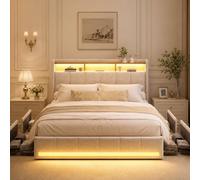 YNYHTER Letto Matrimoniale con Stoccaggio e LED, Letto Imbottito 160 x 200 con USB, 4 Cassetti e Luci (C Beige, 160 x 200 cm) - Senza Materasso