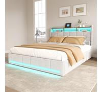 YNYHTER Letto matrimoniale con stoccaggio e LED, letto imbottito 160 x 200 luci LED e caricatore letto con USB e luce LED Letto 160 x 200 con 4 cassetti, senza materasso (C Beige, 160 x 200 cm)