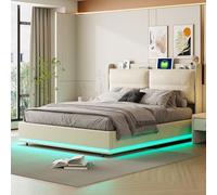 YNYHTER Telaio per letto baule 140 x 200 LED, letto imbottito in velluto, letto matrimoniale con USB, imbottito per letto matrimoniale, per adulti, comodo letto per 2 persone (bianco sporco, 140 x 200