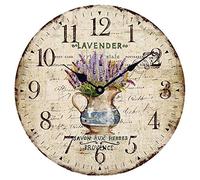 YOAI, Orologio da parete da cucina vintage in stile shabby chic, antico e rustico, per casa di campagna, al quarzo, in pannello di fibra a media densità, con meccanismo silenzioso, 30 cm diametro (lavanda in vaso)