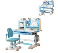 Yoakaiax Set scrivania e sedia per bambini, altezza regolabile con correttore per seduta, sedia ergonomica con supporto per libri, pedale blu
