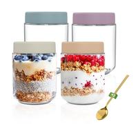 Yoassi Set di 4PZ Barattoli da 500ml per Avena con 2 Cucchiai,Barattoli di Vetro con Coperchio per Cibi Alimenti,Contenitore Ermetico per Yogurt Frutta Cereai Aveba Dolci, Overnight Oats Jar
