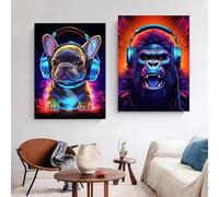 Yocheng 2 animali scimmia cane cuffie dj musica poster stampa su tela dipinto disco riproduzione musica immagine internet bar arredamento stanza 30x40cmx2 Senza Cornice