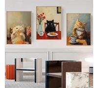 Yocheng 3 Gatti che mangiano pane e bevono caffè Poster Ramen italiano Cornetto Tela Dipinto Parete Cucina Arredamento Casa Poster 40x60cmx3 Senza Cornice