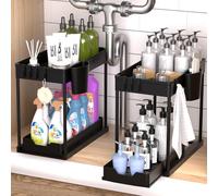 YOCOLE 2 Pezzi Organizzatore Sotto il Lavandino 2 Livelli, Scorrevole Scaffale Sottolavello Portaoggetti con 4 Ganci e 1 Bacinelle Sospese, Estraibile Cassetti Organizer per Cucina Bagno, Nero
