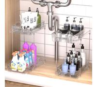 YOCOLE 2 Pezzi Organizzatore Sotto il Lavandino 2 Livelli, Scorrevole Scaffale Sottolavello Portaoggetti con 4 Ganci e 1 Bacinelle Sospese, Estraibile Cassetti Organizer per Cucina Bagno, Trasparente