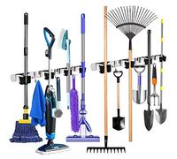 YOCOLE 2 Pezzi Porta Scope Parete, Portascope da Muro Appendibile Portaspazzole Acciaio Inox con 4 Posti e 3 Ganci, Appendi Supporto Scopa Adesivo per Cucina, Bagno, Garage, Giardino, Argento