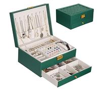 YOCOLE Portagioie Donna, 2 Livelli Porta Gioielli da Viaggio Ragazza in Pelle PU, Grande Gioielli Scatola Organizer per Anelli, Orecchini, Collane, Orologi, con Serratura e Chiave, Verde