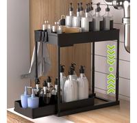 YOCOLE Sollevabile Organizzatore Sotto il Lavandino 2 Livelli, Scorrevole Scaffale Sottolavello Portaoggetti con 4 Ganci e 1 Bacinelle Sospese, Estraibile Cassetti Organizer per Cucina Bagno, Nero