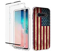 Yodueiv Custodia protettiva per Samsung Galaxy S10 Plus / Samsung S10+ SM-G975U con pellicola protettiva in vetro temperato, motivo bandiera trasparente a tutto il corpo per Samsung Galaxy S10 Plus (bandiera USA)