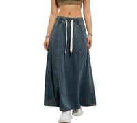yoeasy Gonna da Donna in Denim Elastica a Vita Alta con Coulisse Casual fluida Swing A-Line Lunga Maxi Svasata Gonna in Denim, Blu Scuro, M