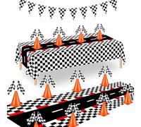 YOELVN Decorazioni per feste auto, decorazione centrotavola auto da corsa, coni da corsa arancioni da 17,8 cm (12), bandiere a scacchi (24), tovaglie in plastica da 137,2 x 274,3 cm (2), forniture per