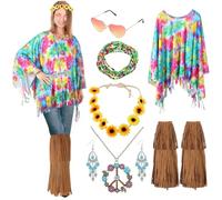 YOFAPA 7 accessori per costume hippie da donna, kit per costume anni '60 e '70, tra cui poncho hippie tie dye, copriscarpe con frange, collana con segno della pace, orecchini turchesi, occhiali da