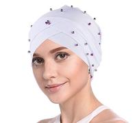 YOFASEN Berretto Slouchy - Berretto da Donna Musulmano Beanie Turban Head Increspatura Perline Chemo Wrap cap per Perdita di Capelli, Bianca, Taglia Unica