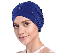 YOFASEN Berretto Slouchy - Berretto da Donna Musulmano Beanie Turban Head Increspatura Perline Chemo Wrap cap per Perdita di Capelli, Blu Reale, Taglia Unica