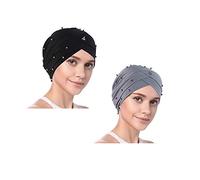 YOFASEN Berretto Slouchy - Berretto da Donna Musulmano Beanie Turban Head Increspatura Perline Chemo Wrap cap per Perdita di Capelli(2 pacchi), + Grigio Nero, Taglia Unica