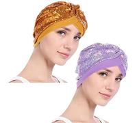 YOFASEN Turbante Capelli con Paillettes - Donna Traspirante Cappello Hijab Berretto Bandana Capelli Perdita Cappellino Cappello da Chemio, Giallo+Viola/2pcs