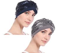 YOFASEN Turbante Capelli con Paillettes - Donna Traspirante Cappello Hijab Berretto Bandana Capelli Perdita Cappellino Cappello da Chemio, Blu+Argento/2pcs