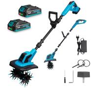 Yofidra Motozappa elettrica - Zappa a batteria da 600 W, larghezza di lavoro 23 cm, profondità 17 cm, display a LED, 2 batterie da 2,0 Ah, fresa da giardino con 4 lame da 12 denti