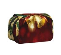 YOFIEN Astuccio portapenne con campanellini dorati e nastro rosso natalizio, organizer portatile per cancelleria a doppio strato