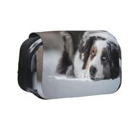 YOFIEN Astuccio portapenne portatile a doppio strato per cancelleria, motivo: pastore australiano, inverno, neve, bianco e grigio