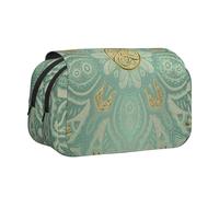YOFIEN Astuccio portapenne portatile con mandala celtico verde salvia e oro, organizer per cancelleria a doppio strato