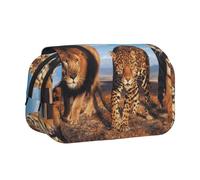 YOFIEN Astuccio portapenne stampato con leone, leopardo e tigre che lottano per il cibo, organizer portatile per cancelleria a doppio strato