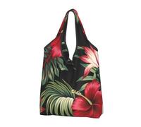YOFIEN Borsa tote pieghevole con motivo floreale tropicale vintage rosso ibisco strelitzia, riutilizzabile e di grande capacità.